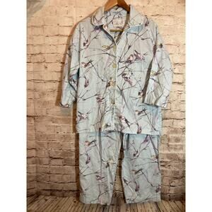 The Cat's Pajamas Flannel Pajama Set Womens Medium Blue Bird Print Winter Scene